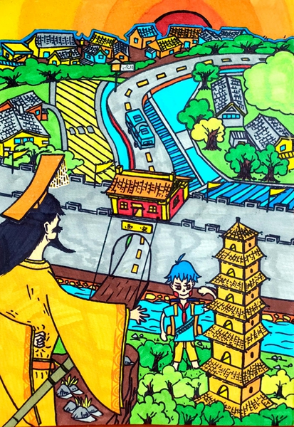 升起 韩锦浩 六年级 我画的是黄帝在西安的上空为我们祈福,希望我们的